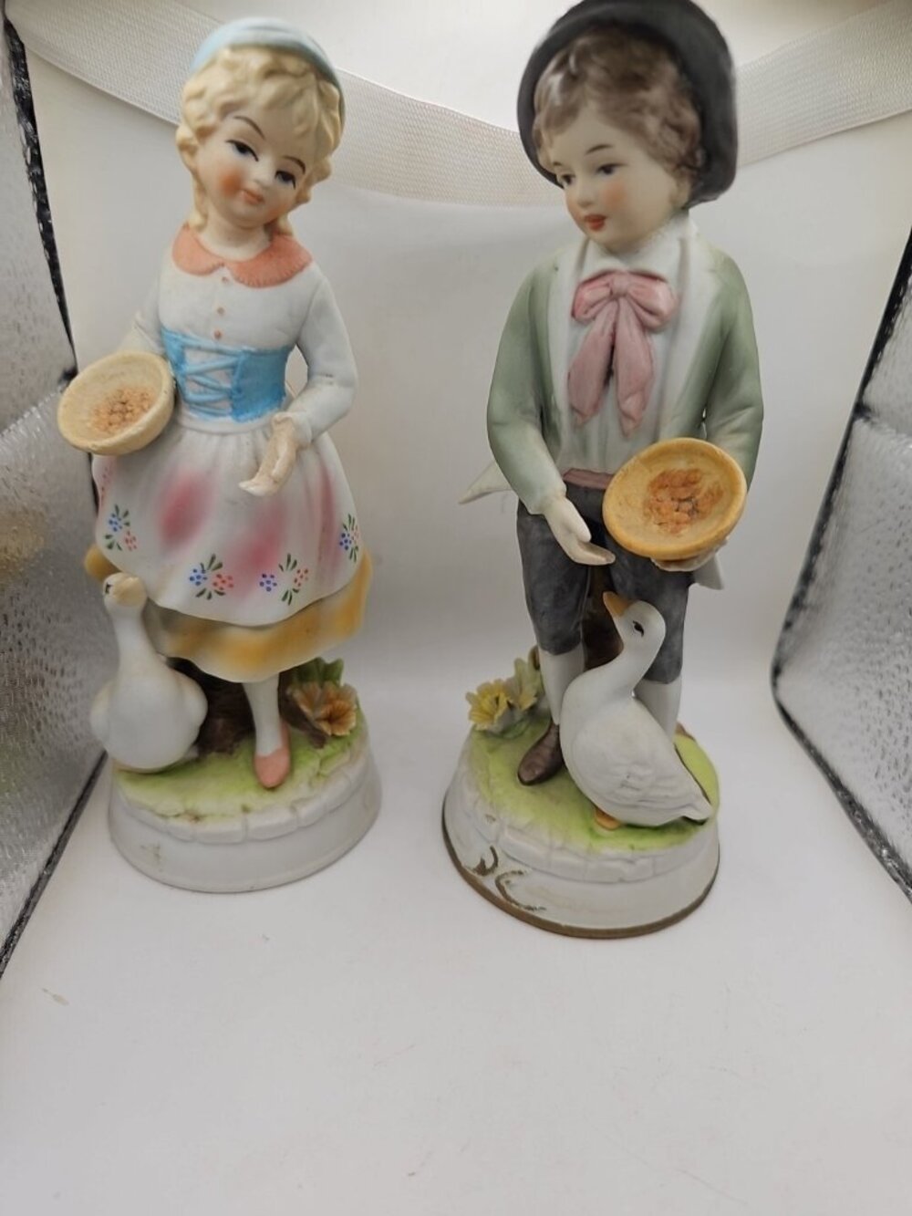 Z. FIGURINES BISQUE BOY & GIRL  set HAND PAINTED  FEEDING DUCK VTG